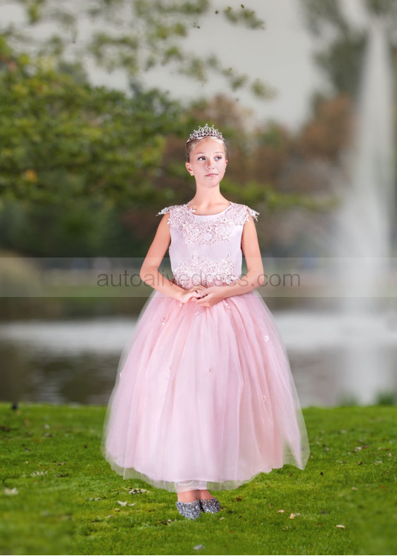 Pink Lace Tulle V Back Ankle Length Flower Girl Dress Pink Lace Tulle V Back Ankle Length Flower Girl Dress